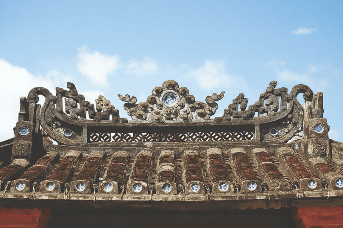 The curved roof, a hallmark of traditional Vietnamese architecture, is covered with yin-yang tiles